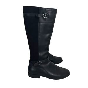Aetrex Black Leather Tall Riding Boots Buckle Black 10